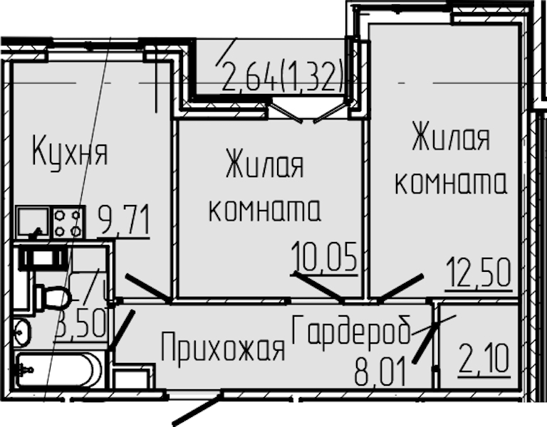 2-комнатная квартира 47.19 м², 8/8 эт., ЖК «SERTOLOVO PARK»
